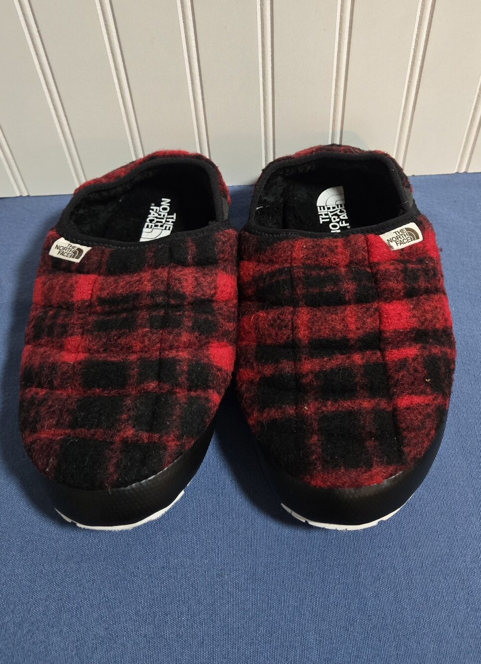 The North Face Red and Black Plaid Slip-On Slippers